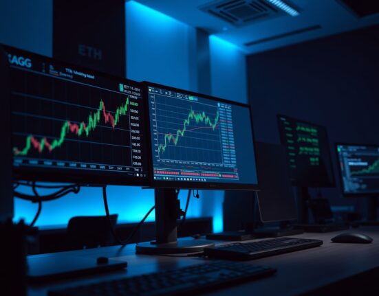 Trading desk monitors showing ETH and silver futures data with tight spreads