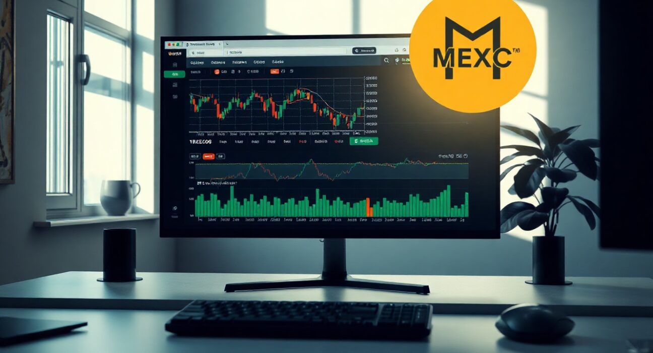 A modern trading desk with a monitor displaying TradingView charts and a keyboard in the foreground.