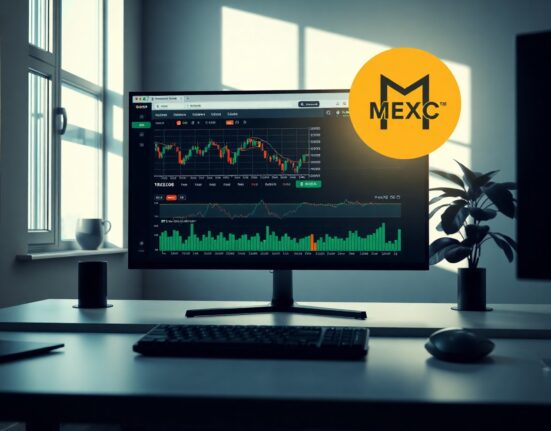 A modern trading desk with a monitor displaying TradingView charts and a keyboard in the foreground.