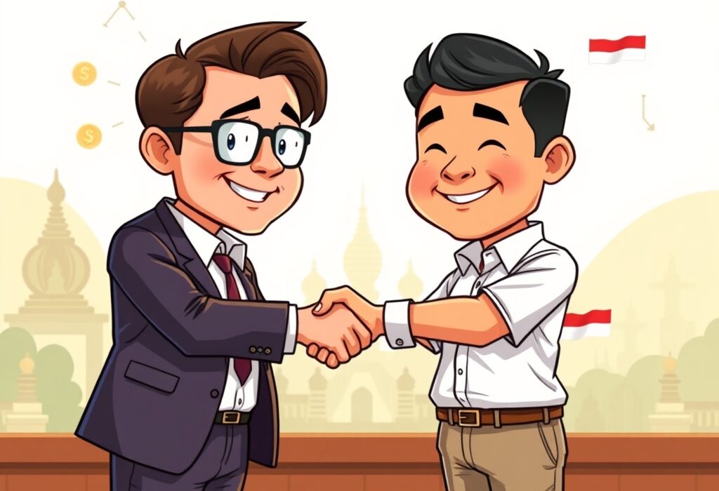 A cartoon illustration showing a strategic MEXC Ventures investment empowering an Indonesian crypto exchange.
