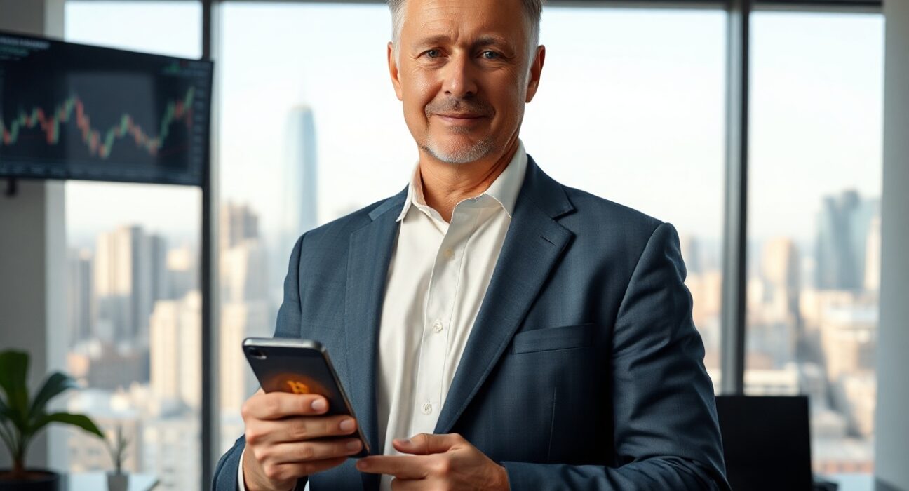 Ricardo Salinas Pliego in a modern office holding a phone with a Bitcoin symbol