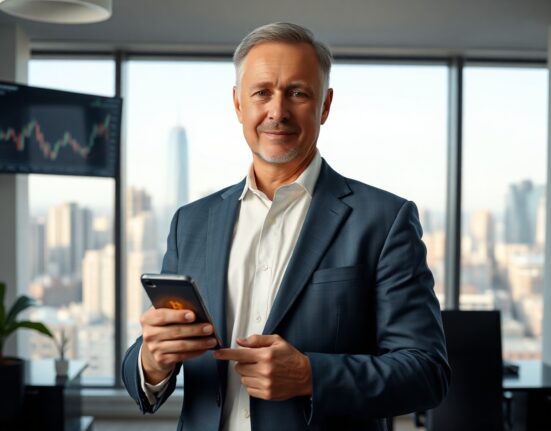 Ricardo Salinas Pliego in a modern office holding a phone with a Bitcoin symbol
