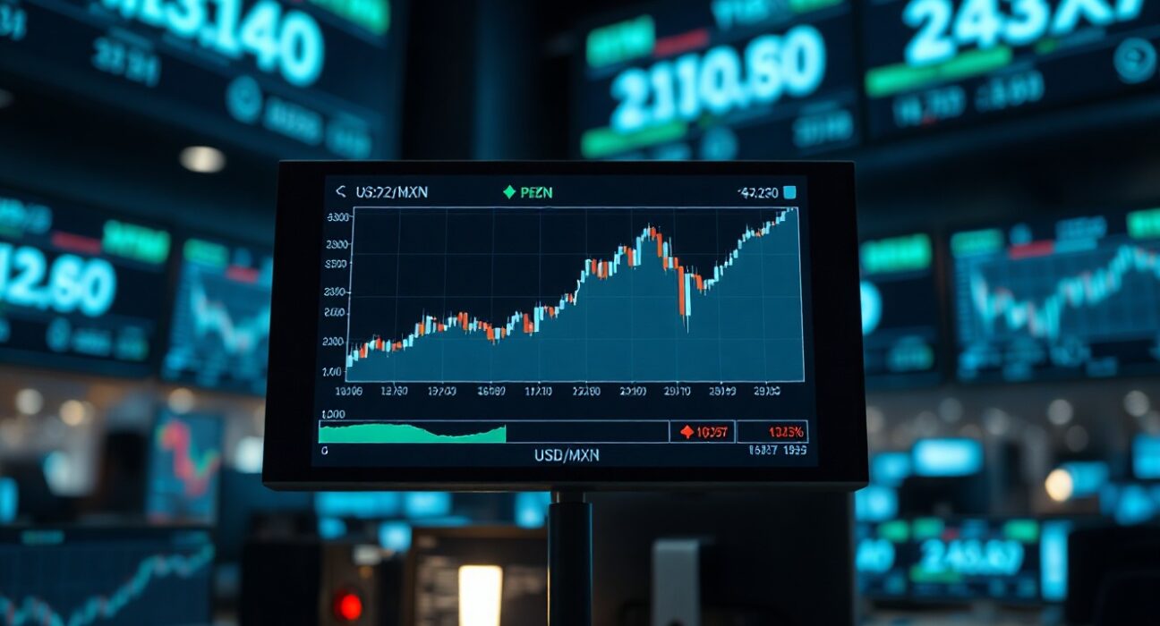 Trading screen showing a rising Mexican Peso chart against the US Dollar