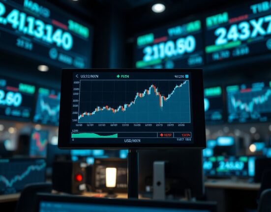 Trading screen showing a rising Mexican Peso chart against the US Dollar