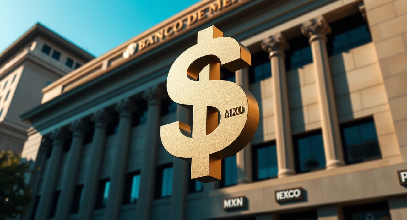 Mexican peso currency analysis showing MXN symbol with Banco de México headquarters background