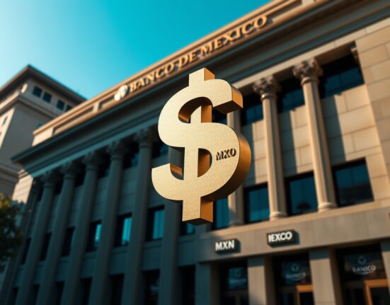 Mexican peso currency analysis showing MXN symbol with Banco de México headquarters background