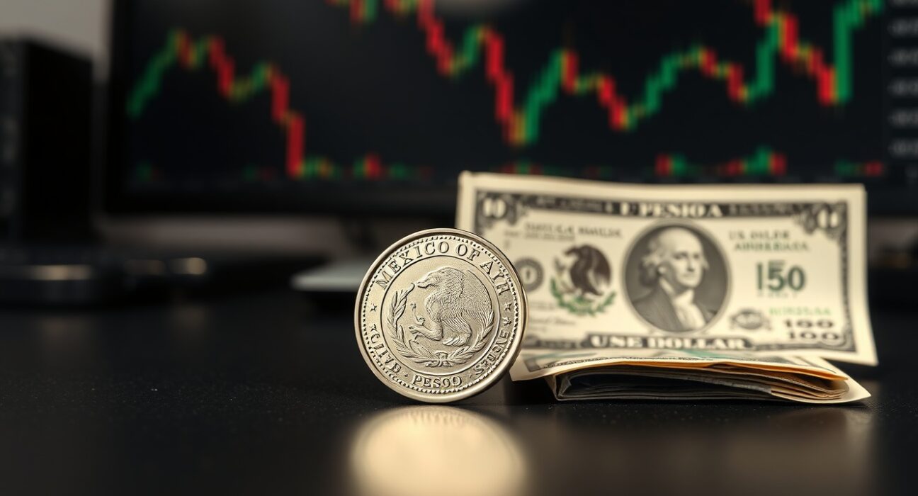 Mexican Peso coin and US Dollar banknote on desk with financial charts in background