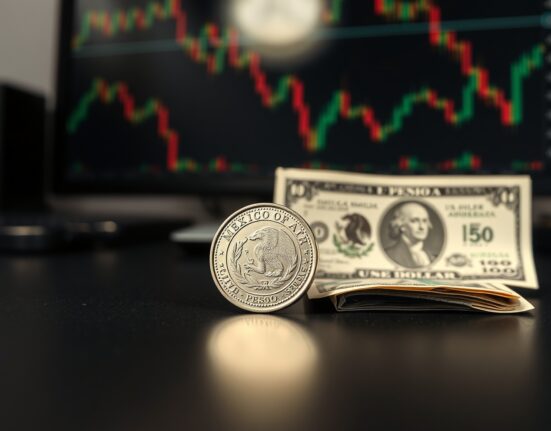 Mexican Peso coin and US Dollar banknote on desk with financial charts in background