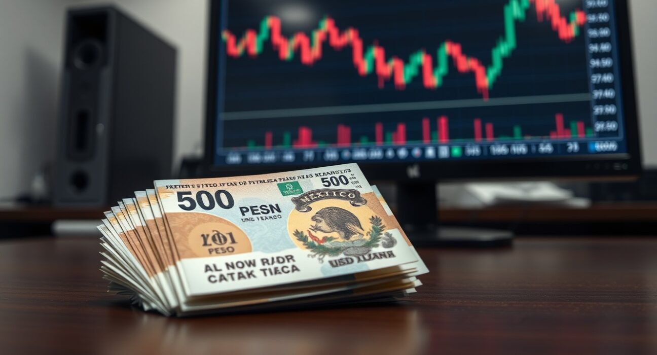 Mexican peso banknotes on a desk with a computer screen showing a forex chart reflecting the currency's rally.