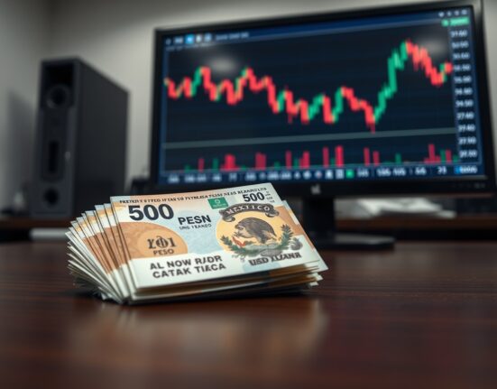 Mexican peso banknotes on a desk with a computer screen showing a forex chart reflecting the currency's rally.