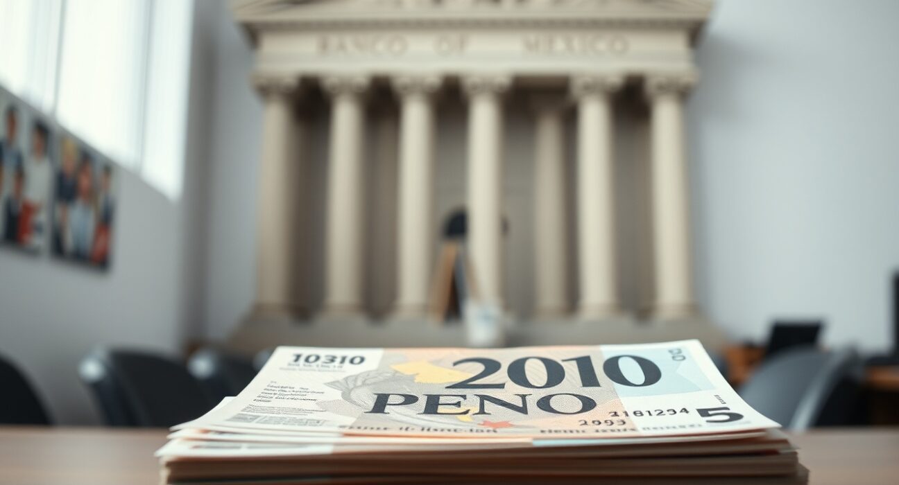 Stack of Mexican Peso banknotes with Banco de México building in soft focus background