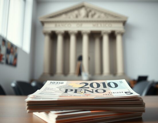 Stack of Mexican Peso banknotes with Banco de México building in soft focus background