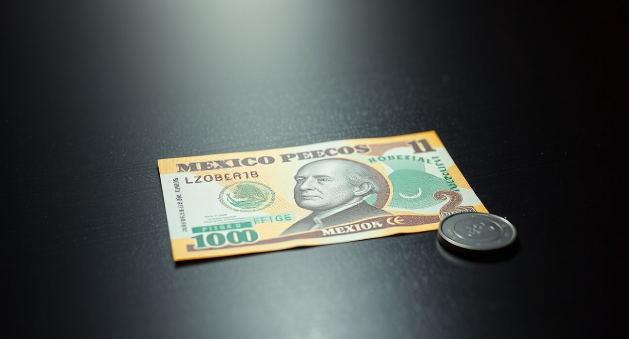 Mexican peso banknote on a dark surface, representing currency pressure from Banxico's rate decision.