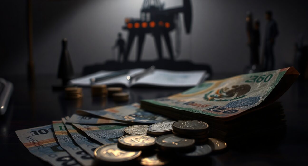 Mexican peso banknotes and coins on a desk with a world map and oil rig silhouette in the background, representing currency and geopolitical risk.