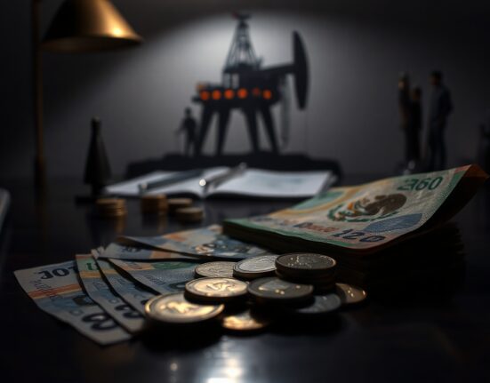 Mexican peso banknotes and coins on a desk with a world map and oil rig silhouette in the background, representing currency and geopolitical risk.