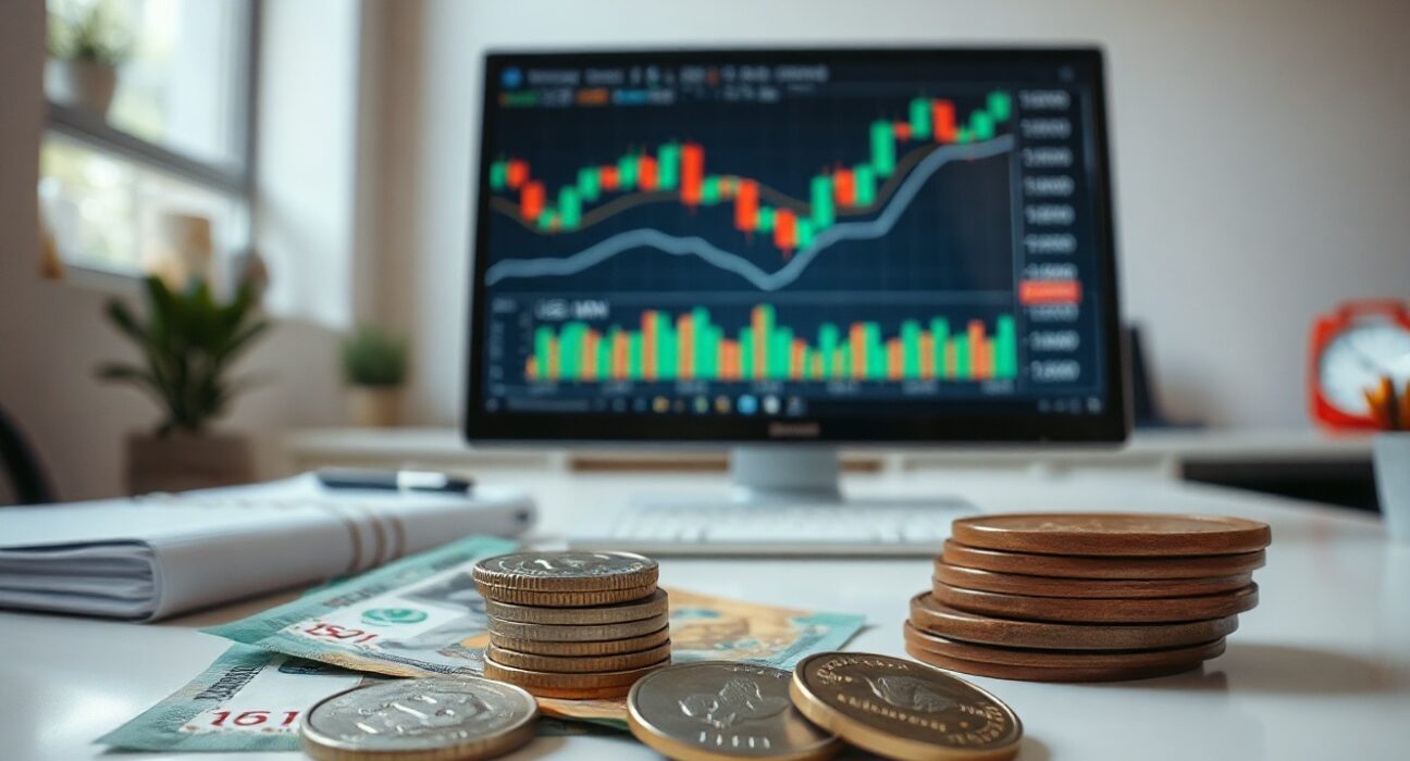 Mexican peso banknotes and coins with a USD/MXN chart on a monitor in a financial office setting.