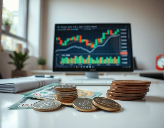Mexican peso banknotes and coins with a USD/MXN chart on a monitor in a financial office setting.