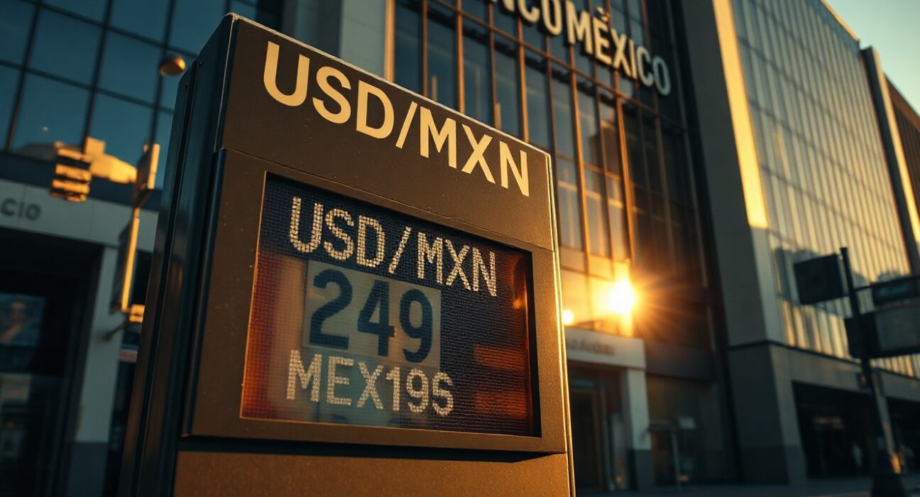 Currency exchange board showing USD/MXN rate in Mexico City financial district with Banxico building in background