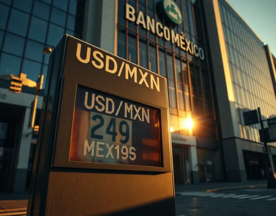 Currency exchange board showing USD/MXN rate in Mexico City financial district with Banxico building in background