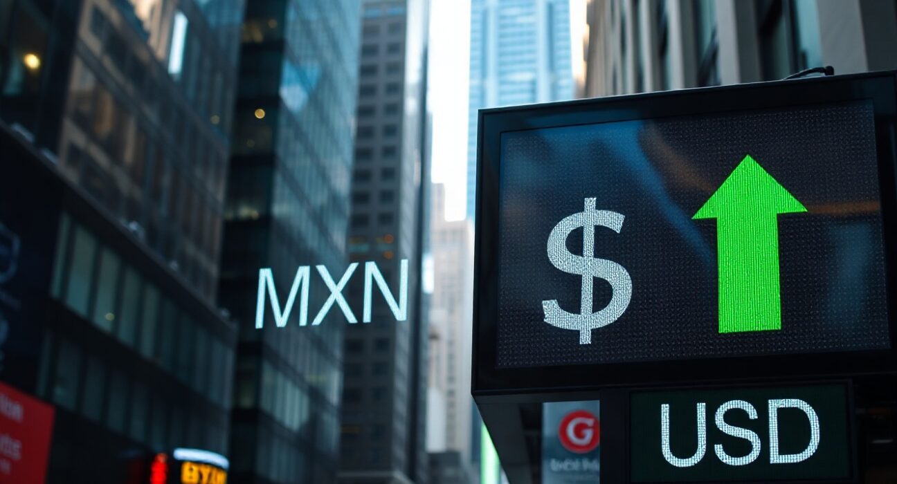 Currency exchange board showing MXN/USD with upward trend arrow