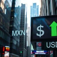 Currency exchange board showing MXN/USD with upward trend arrow