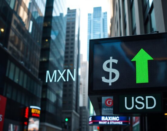 Currency exchange board showing MXN/USD with upward trend arrow