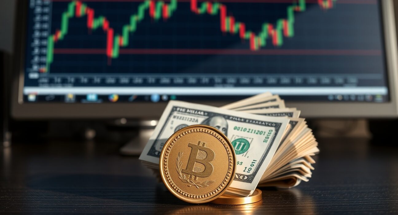 Mexican peso coins and US dollar bills with a stock chart on a monitor in the background