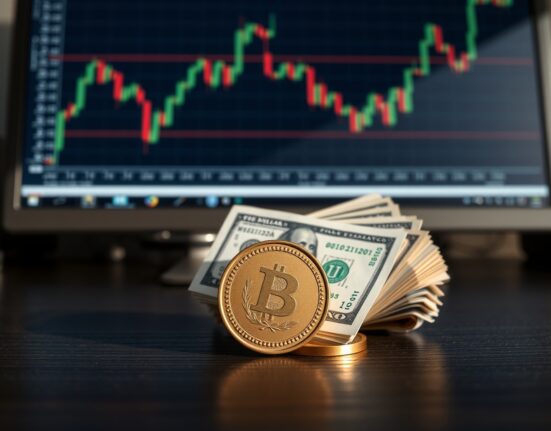 Mexican peso coins and US dollar bills with a stock chart on a monitor in the background