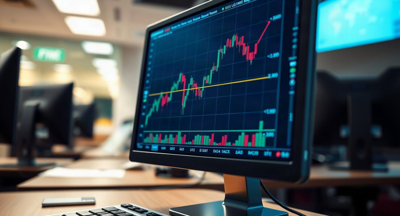 USD/MXN chart on a trading screen in an office, illustrating currency market analysis.