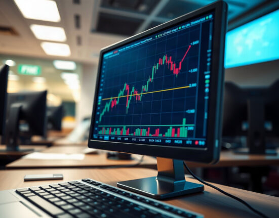 USD/MXN chart on a trading screen in an office, illustrating currency market analysis.