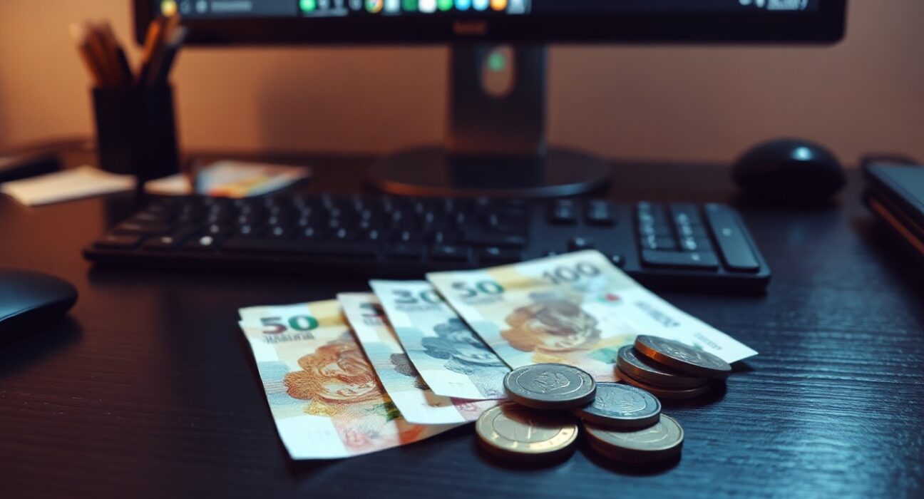Mexican peso banknotes and coins on a desk with a financial chart in the background