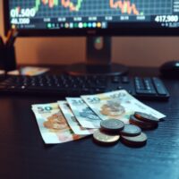Mexican peso banknotes and coins on a desk with a financial chart in the background