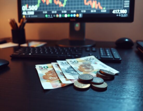 Mexican peso banknotes and coins on a desk with a financial chart in the background