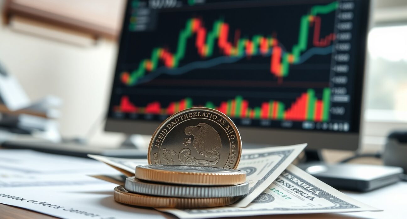 Mexican Peso coins and US Dollar bills on a desk with a financial chart on a monitor in the background