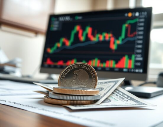 Mexican Peso coins and US Dollar bills on a desk with a financial chart on a monitor in the background