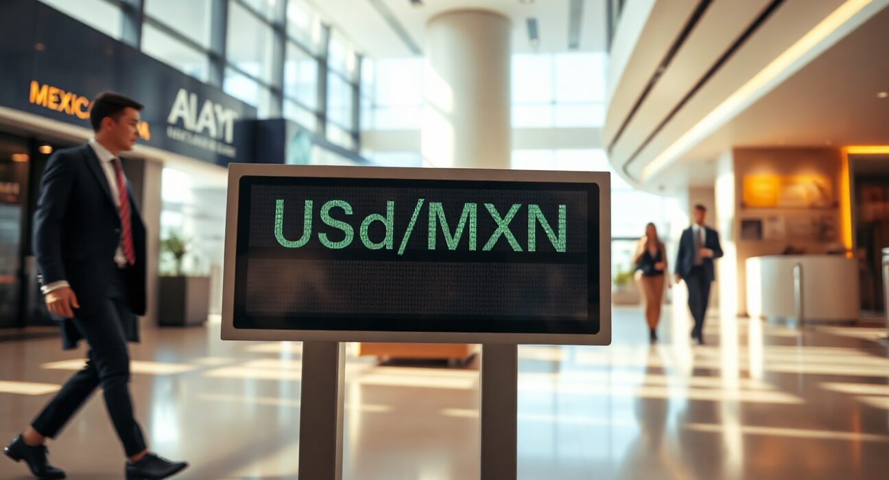 Digital currency exchange board showing USD/MXN rate in a Mexican bank lobby