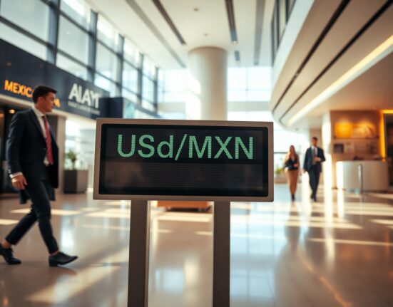 Digital currency exchange board showing USD/MXN rate in a Mexican bank lobby