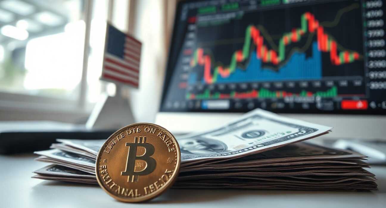 Mexican Peso coins and US Dollar bills on a desk with a chart in background