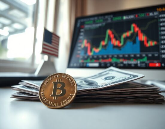 Mexican Peso coins and US Dollar bills on a desk with a chart in background
