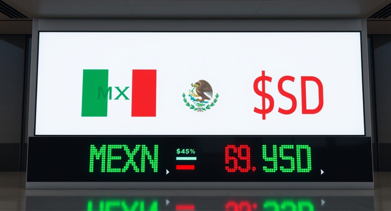 Mexican Peso and US Dollar currency symbols on a trading screen with green and red market movement indicators.