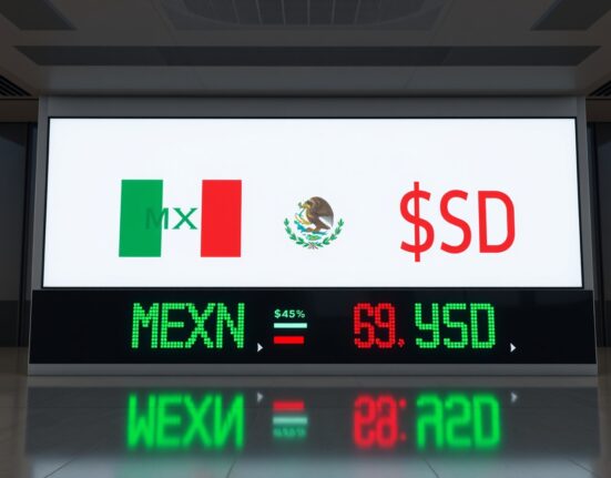 Mexican Peso and US Dollar currency symbols on a trading screen with green and red market movement indicators.