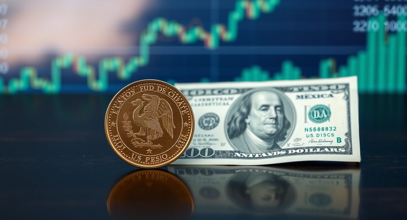 Mexican Peso coin and US Dollar bill on a dark surface with financial charts in the background.