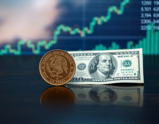 Mexican Peso coin and US Dollar bill on a dark surface with financial charts in the background.