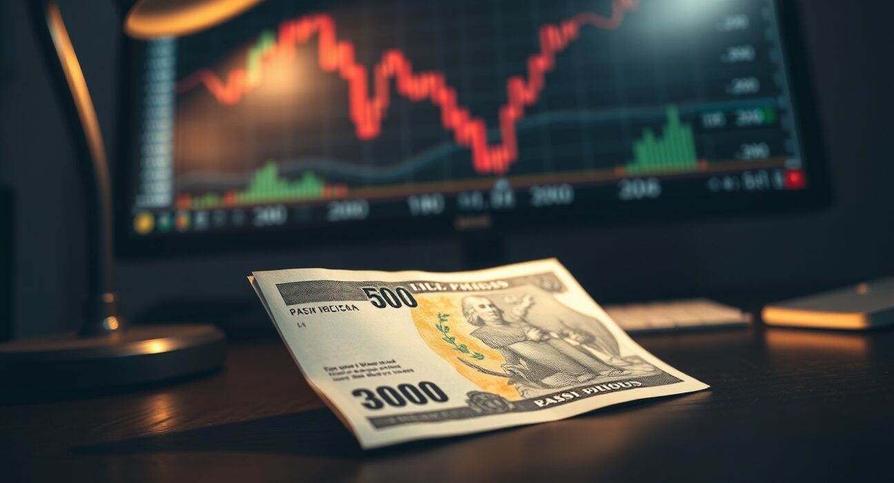 Mexican Peso banknote on a desk with a blurred chart showing decline, representing currency market volatility.