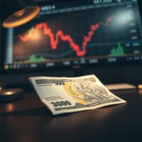 Mexican Peso banknote on a desk with a blurred chart showing decline, representing currency market volatility.