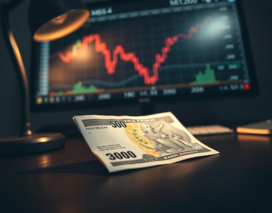 Mexican Peso banknote on a desk with a blurred chart showing decline, representing currency market volatility.