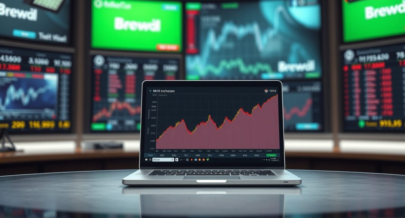 Laptop showing Mexican peso forex chart with upward trend in a modern news studio