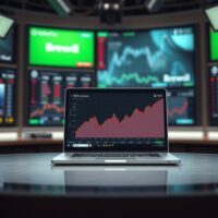 Laptop showing Mexican peso forex chart with upward trend in a modern news studio