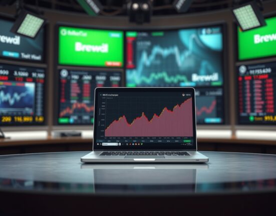 Laptop showing Mexican peso forex chart with upward trend in a modern news studio