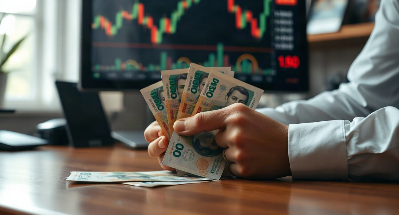 Mexican Peso banknotes on a desk with a financial chart in the background, representing Banxico policy impact.